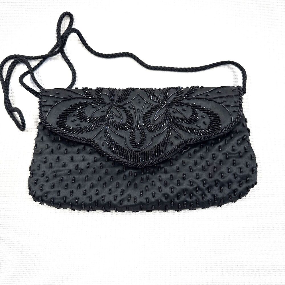Vintage Magid Beaded Black Small Purse w/ Shoulder Strap - Beautiful!